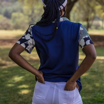 navy classic shirt with large white floral print back profile